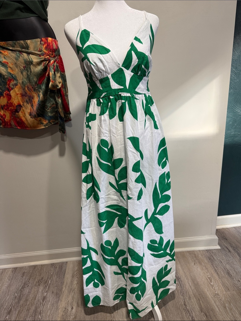 White Maxi Dress with Green Leaf Print - Sleeveless V-Neck